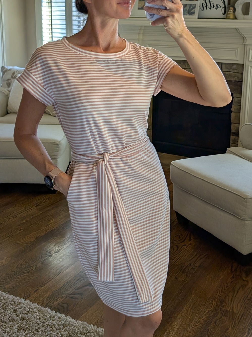 Striped Tie-Waist Short Sleeve Dress in Blush